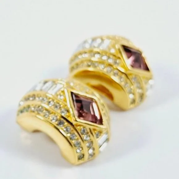 Christan Dior Gold Plated Earrings Clip On With Crystal / Amethyst  Repaired - Picture 6 of 16